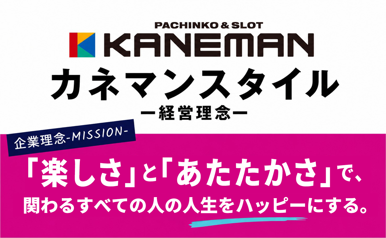 PACHINKO & SLOT KANEMAN カネマンスタイル ー経営理念ー / 企業理念-MISSION- 「楽しさ」と「あたたかさ」で、関わるすべての人の人生をハッピーにする。